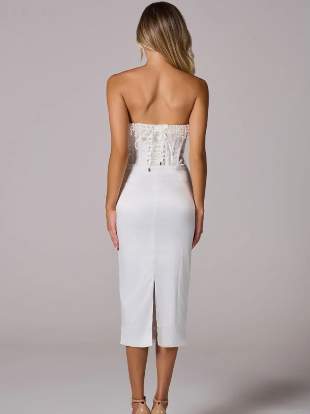 Liora Pearl Trim Strapless Corset Midi Dress