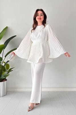 Romy Pleated Flare Tops Trousers Set Pants Set JURKJESBOETIEK White S 