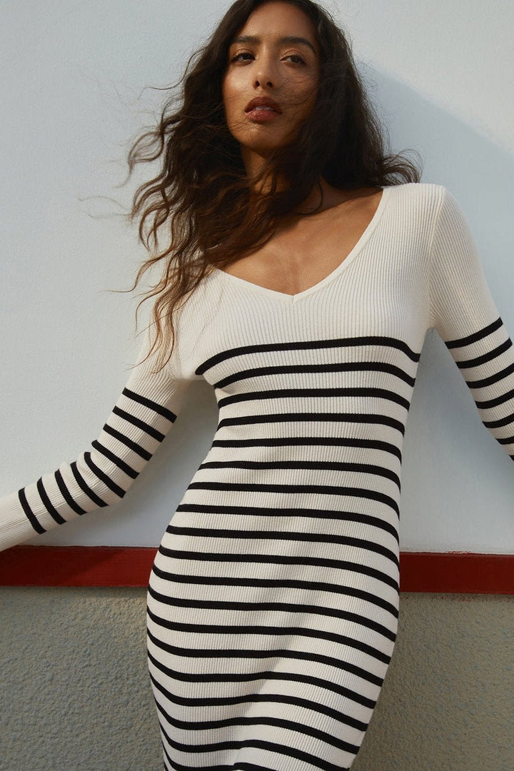 Vivian V-neck Stripe Midi Knit Dress