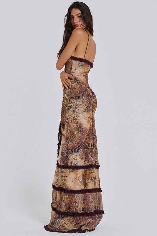 Yvette Printed Cut-out Ruffle Slip Maxi Dress